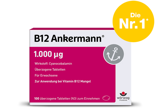 Die Verpackung der B12 Ankermann-Tabletten mit 1.000 µg Cyanocobalamin, erhältlich in einer Packung mit 100 Tabletten für Erwachsene, richtet sich gegen Vitamin B12-Mangel und trägt den gelben Kreis mit dem Hinweis "Die Nr. 1".