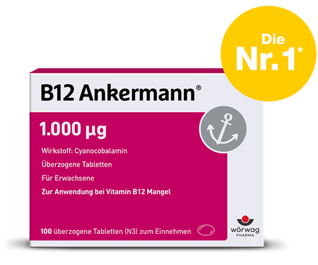Verpackung von B12 Ankermann-Tabletten, markiert mit Die Nr. 1, Cyanocobalamin 1000 µg, 100 Tabletten, vor neutralem weißem Hintergrund.