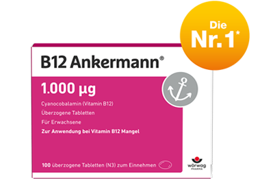 Packshot der Vitamin B12 Ankermann®-Tabletten: Bei einem Mangel kommt es auf hochdosierte B12 Tabletten an