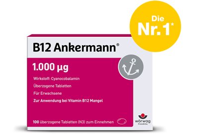 Packshot der Vitamin B12 Ankermann®-Tabletten: Bei einem Mangel kommt es auf hochdosierte B12 Tabletten an