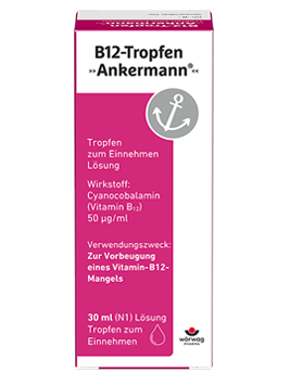 Packshot der Vitamin B12 Ankermann® Tropfen gegen Vitamin B12-Mangel